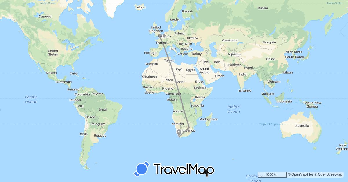 TravelMap itinerary: driving, plane in Belgium, United Kingdom, South Africa (Africa, Europe)