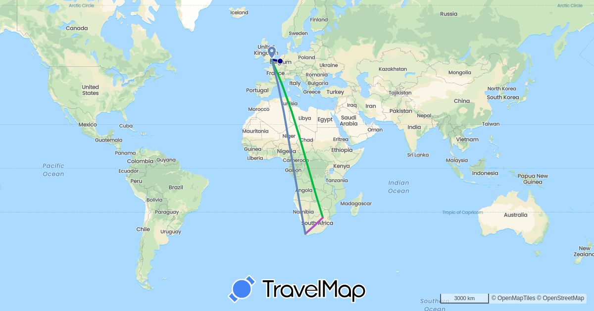 TravelMap itinerary: driving, bus, cycling, train in Belgium, United Kingdom, South Africa (Africa, Europe)